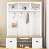 Bellemave® 73.3" Farmhouse 4 - in - 1 Hall Tree with Wood Grain Bench and Top, Black Hooks and Shell Handles - Bellemave